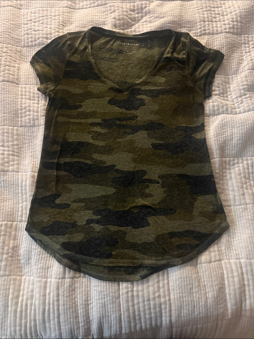 Lucky Brand Women's Camo V-Neck Tee in Olive and Black